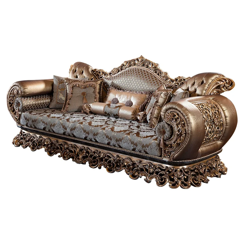 

European luxury all solid wood carved sofa coffee table French fabric sofa combination villa furniture customization