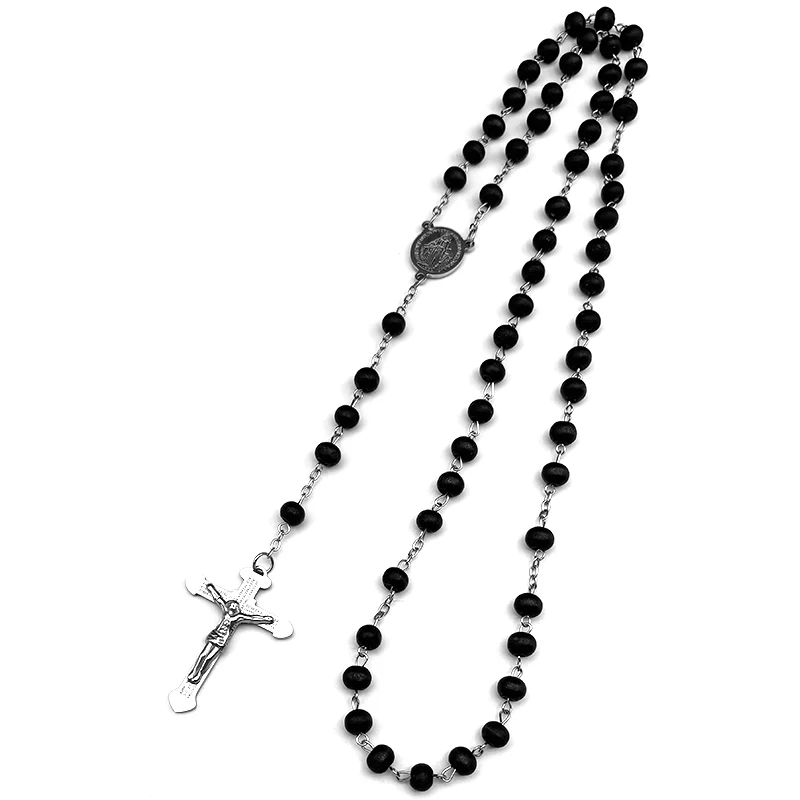 

Jesus Cross Crucifix Pendant Necklace for Women Men Stainless Steel Silver Color Christian Long Payer Beads Chain Jewelry