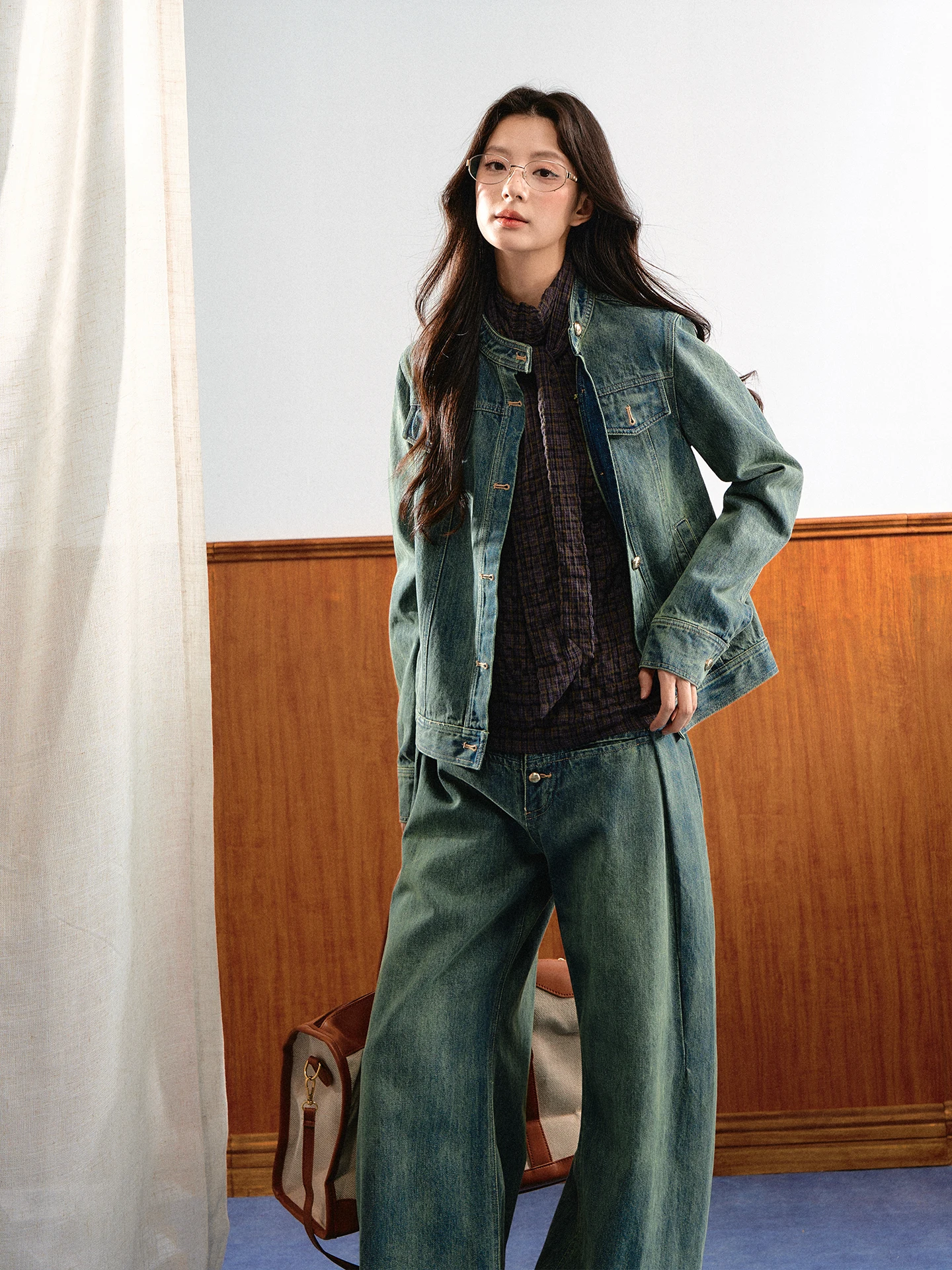 7Shiftin Original Design Retro Denim Set Color Block Washed Loose Wide Leg Pants Versatile Long Sleeve Top Autumn Spring Fash...
