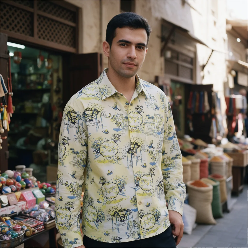 Men's Vintage Chinese Style Printed Shirt Long Sleeve Casual Button Down Shirt Floral Lantern Bird Landscape Pattern Top for Men