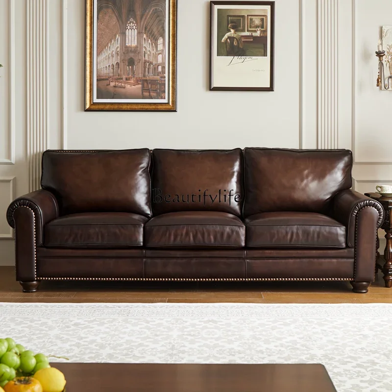 

LSofa American retro all-leather sofa polished imported first-layer cowhide