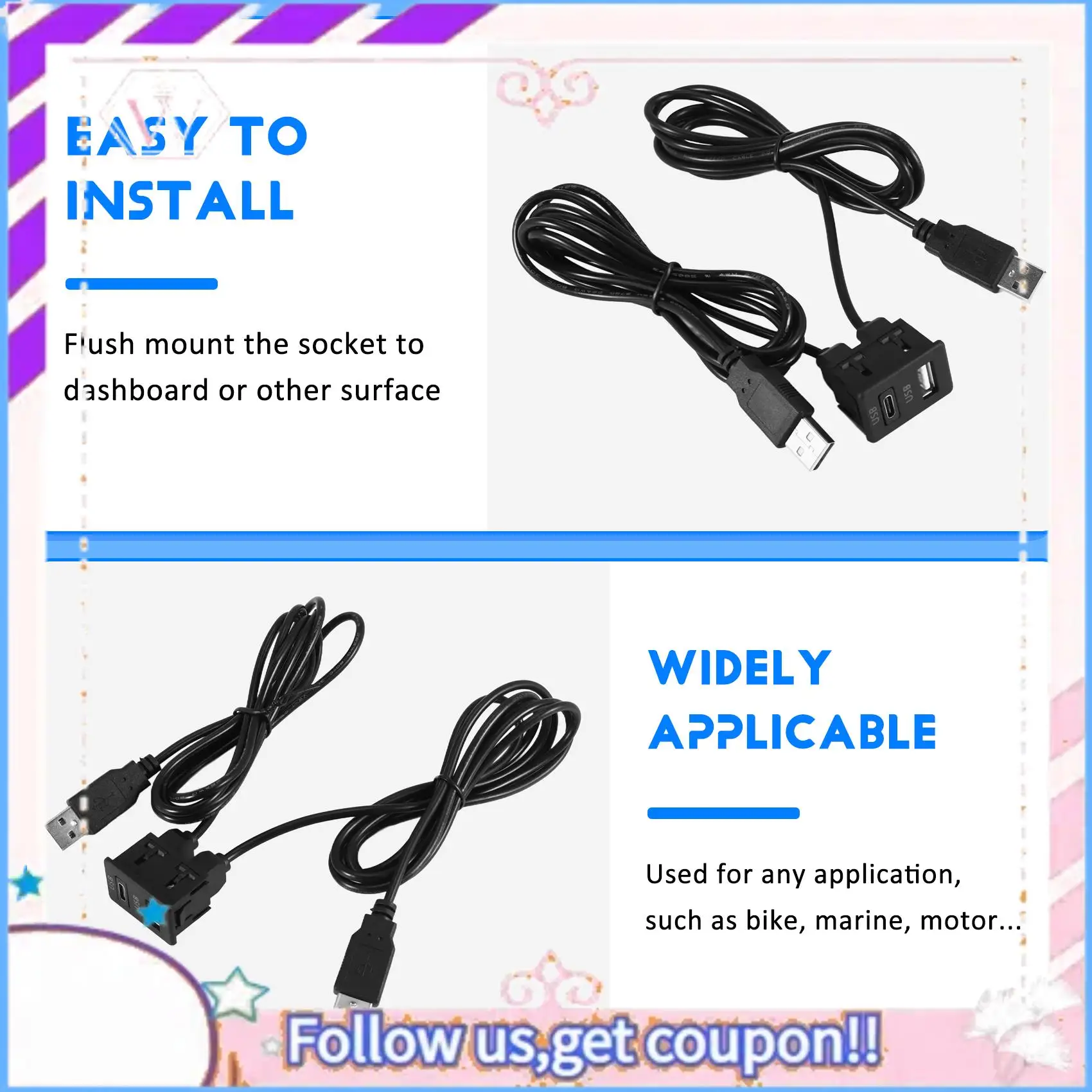 A76T-150CM Car Dash Flush Mount 2 USB Port Panel Auto Boat Dual USB-TAPYC Extension Cable Adapter For Toyota