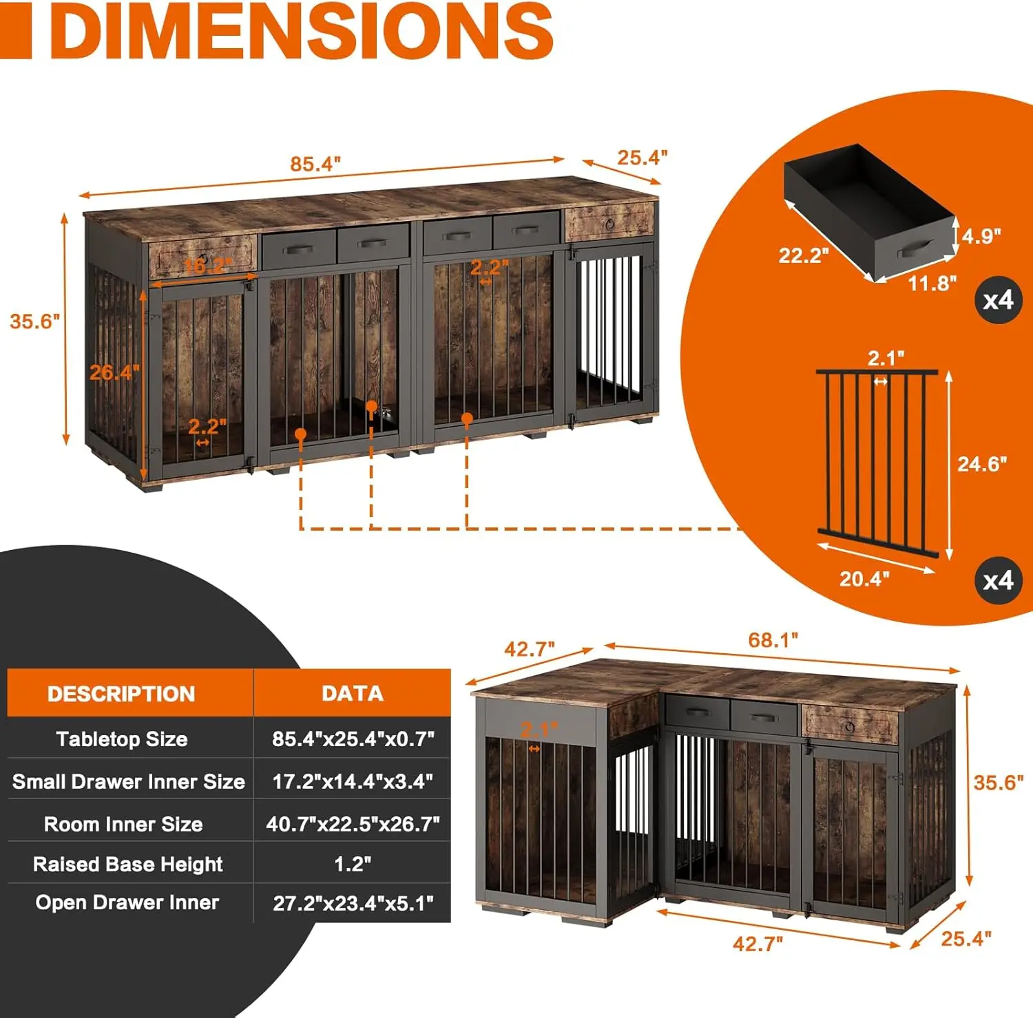 68inch Corner Dog Crate Furniture, Fabric Drawers,Multiple Combinations Heavy Duty Dog Kennel for Large Medium Dogs