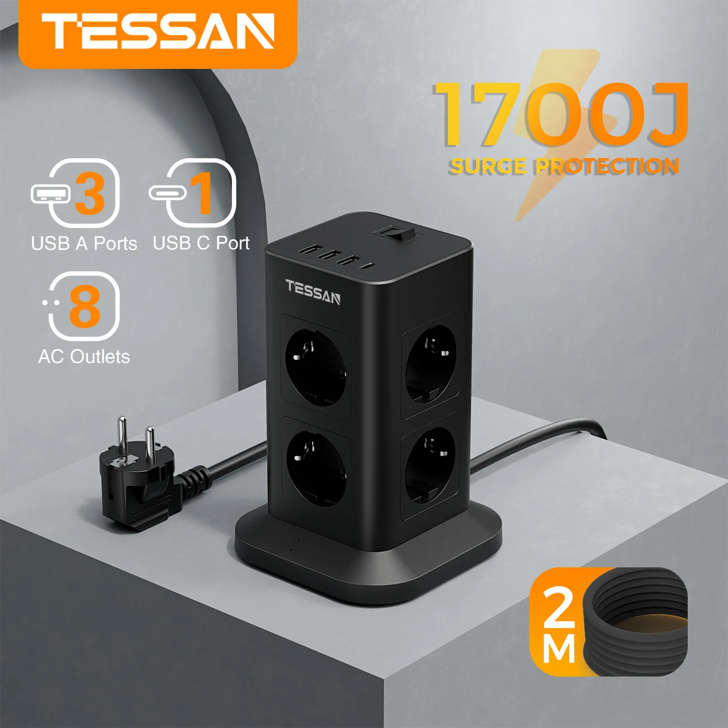 

TESSAN, 8 отсеков, розетка с несколькими розетками и USB C, башня с несколькими розетками и удлинителем переключателя для дома, 3600 Вт