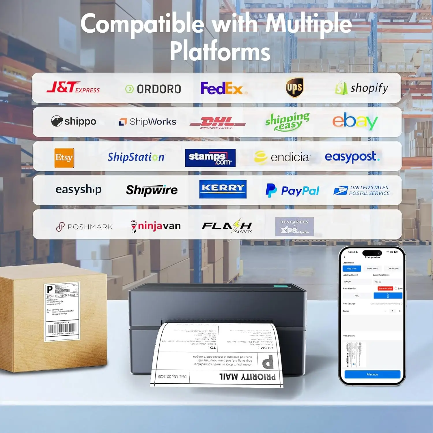 Bluetooth 4x6 shipping label thermal printer compatible with Android iPhone Windows Mac Amazon Ebay UPS USPS FedEx Shopify