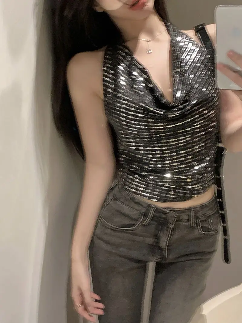 

Spice Girl Sequined Swinging Neck Sling Vest Summer New Short Backless Sleeveless Top