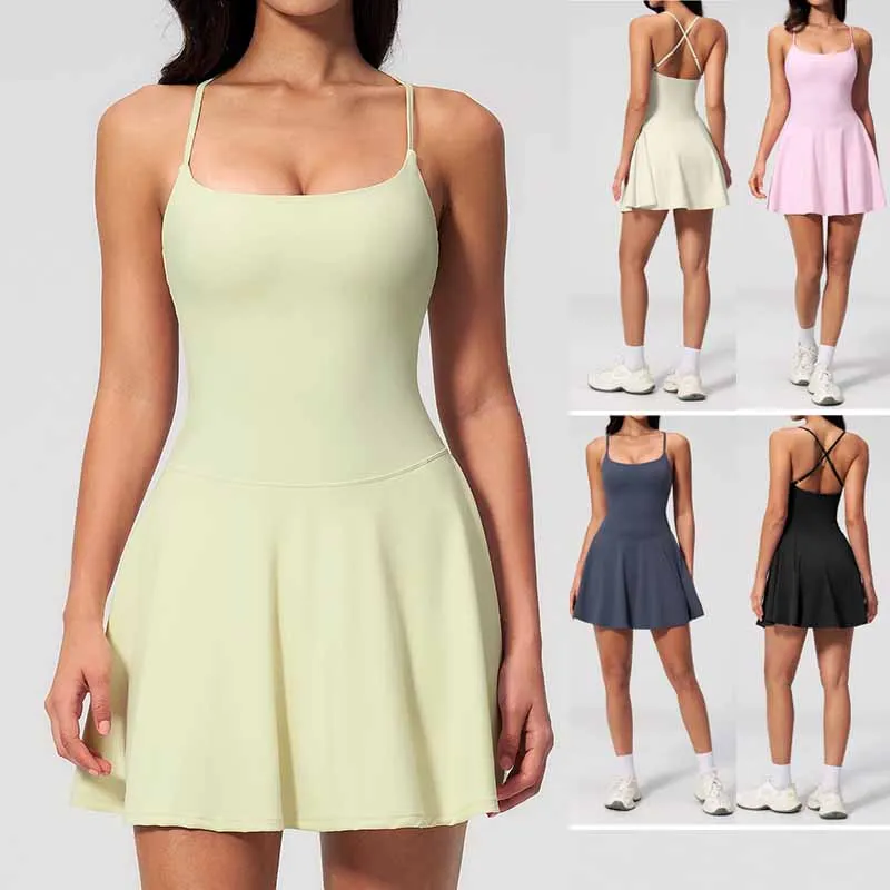 Tennis Dress for Women with Pockets Sleeveless U-Neck Golf Skirts with Bra and Shorts Ladies Yoga Badminton Dress Activewear