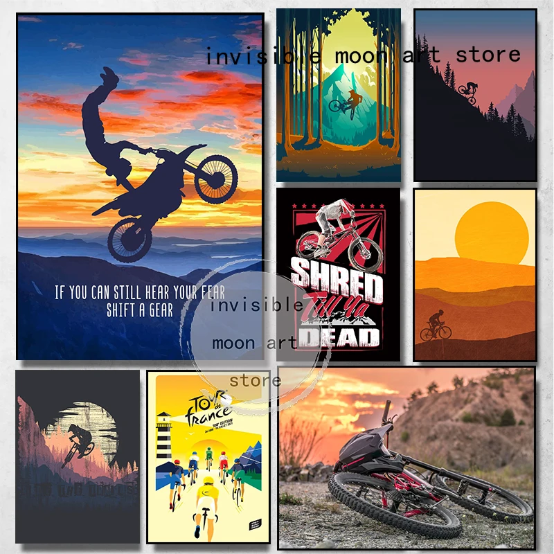 Retro Enduro Mountain Bike Cyclist/Downhill Bike/sun Art Posters Canvas Painting Wall Prints Picture for Room Home Decor Cuadros