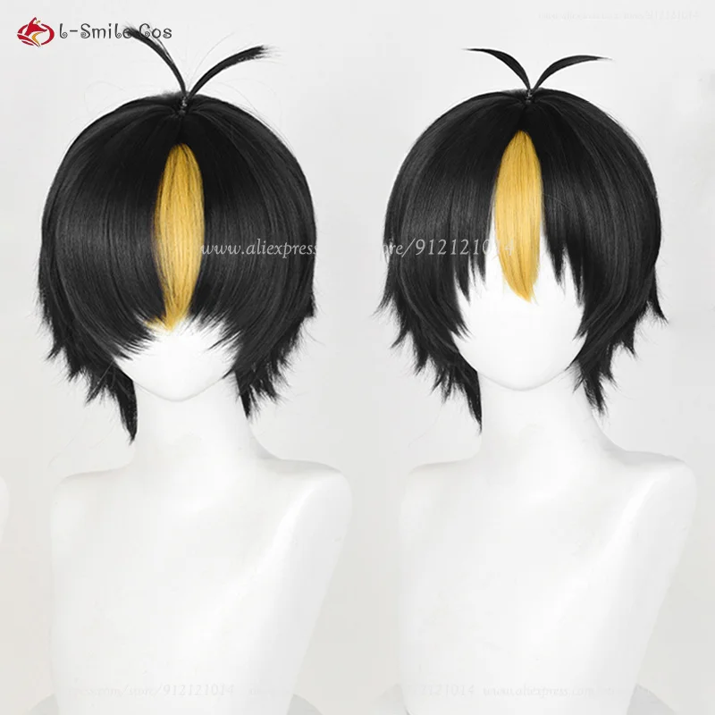 Anime Cos Yu Nishinoya Yu Cosplay Wig 30cm Short Black With Gold Highlights Wigs Heat Resistant Synthetic Hair Halloween Party