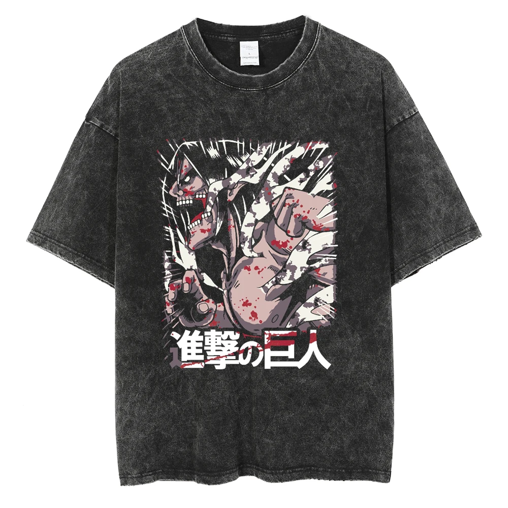 

Shingeki No Kyojin 2026 Men Cotton T-shirt Streetwear Washed Black Oversized Short Sleeve Casual Daily Wear Attack Titan Art