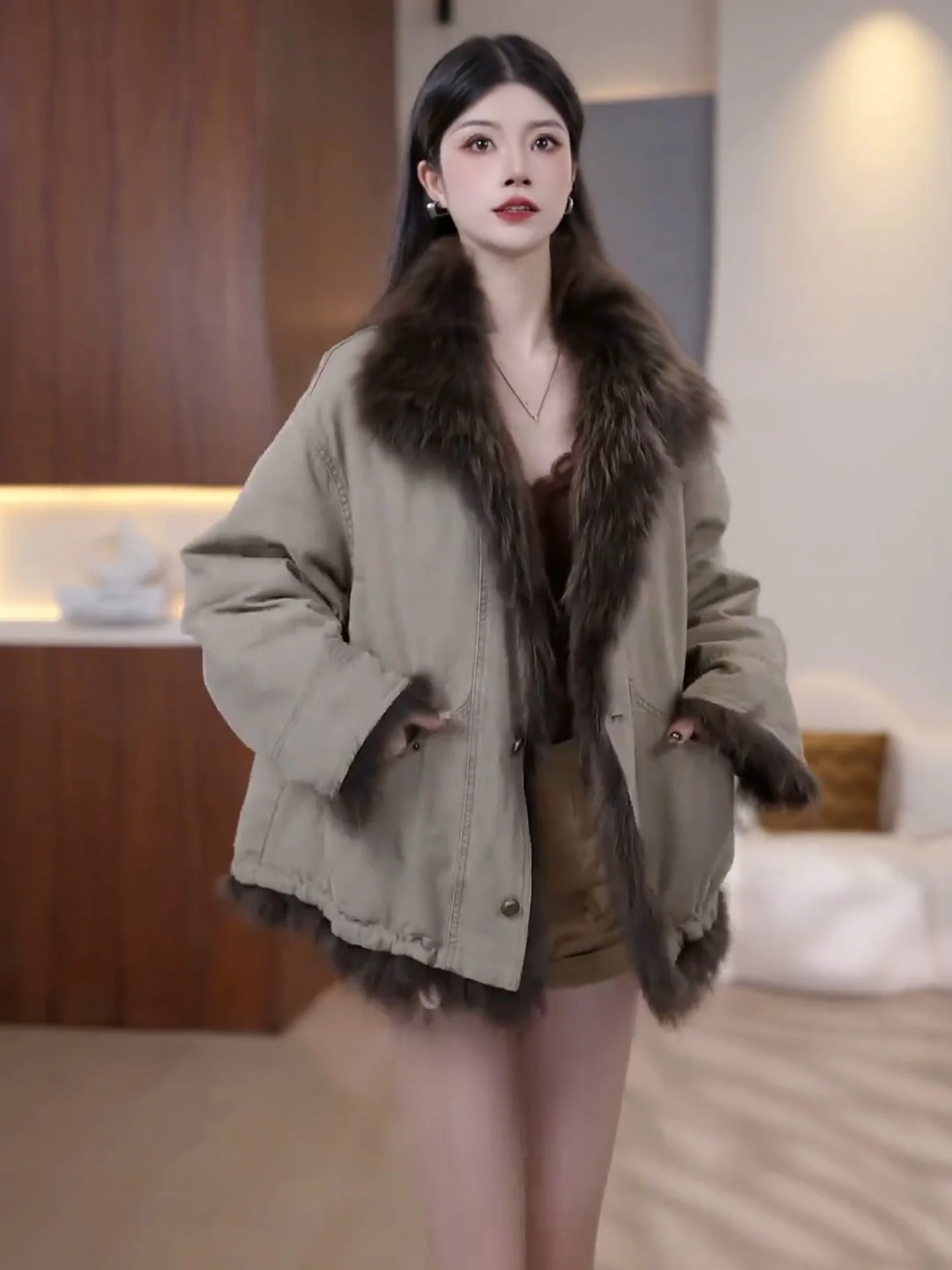 

Faionable ретро длинное свободное хутряное пальто с большим воротником женская зимняя теплая верхняя одежда Sli Ele Ladylike Sle