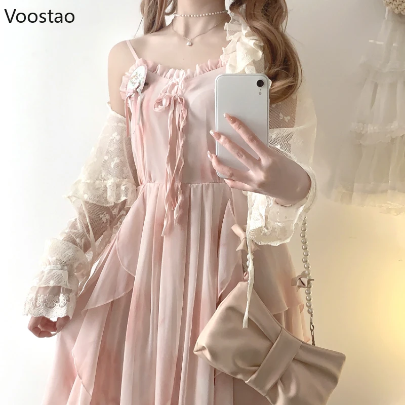 Vintage Sweet Pink Dress Sets Women Kawaii Lace Bow Ruffles Short Cardigan Chiffon Dresses 2 Piece Set Female Beach Dress Suit