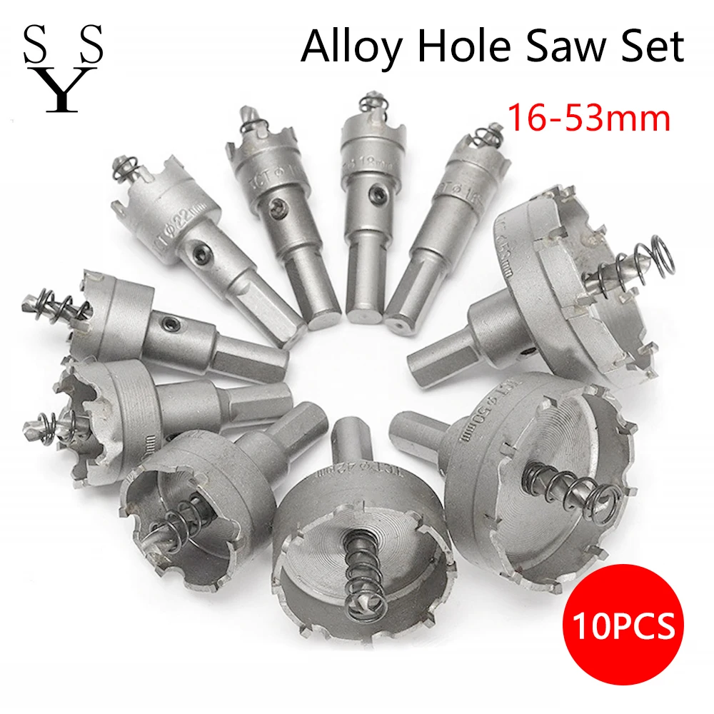 

10Pcs16-53mm Alloy Hole Saw Set Carbide Tip TCT Metal Cutter Core Drill Bit Kits for Stainless Steel Metal Drilling Crown