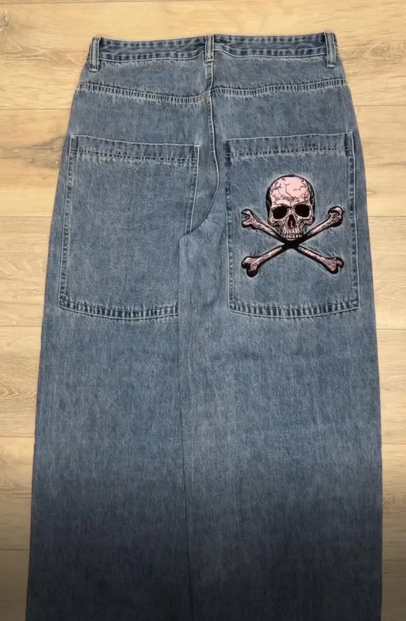 

Потертые джинсы в стиле готический панк в стиле ретро с принтом черепа, мужские уличные брюки, женские модные повседневные свободные прямые брюки в стиле хип-хоп с высокой талией