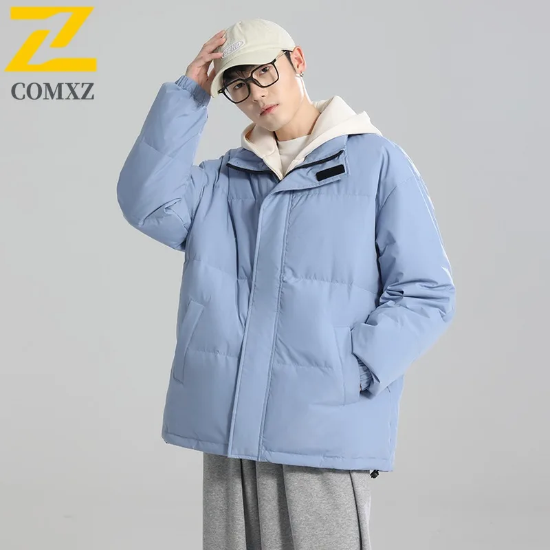 COMXZ Men Puffer Jacket Fake Two Piece Hooded Ski Street Lightweight Warm Travel Cotton-Padded Jacket Casual Snow Winter Jacket