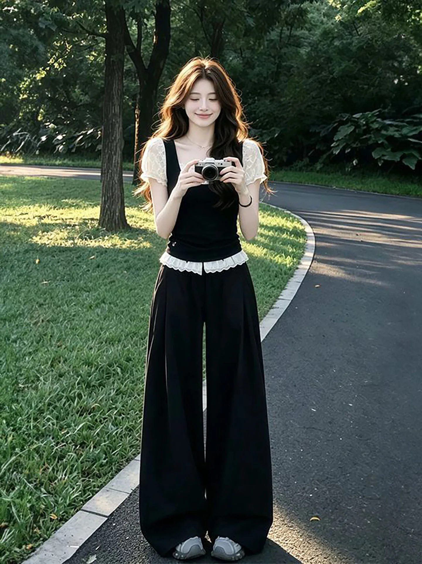 

Summer Casual Cool Black White Patchwork Short Sleeve Top Lace Trim Straight Leg Pants Two Piece Set Fashionable Women's Ense...
