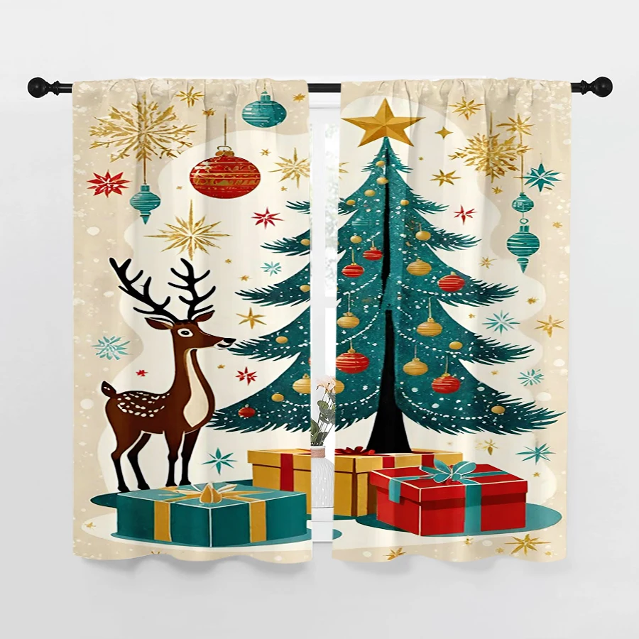 2PCS Christmas Winter Curtains, Vintage Reindeer Christmas Tree, Digital Print, Bedroom Living Room, Home Decor Window Drapes