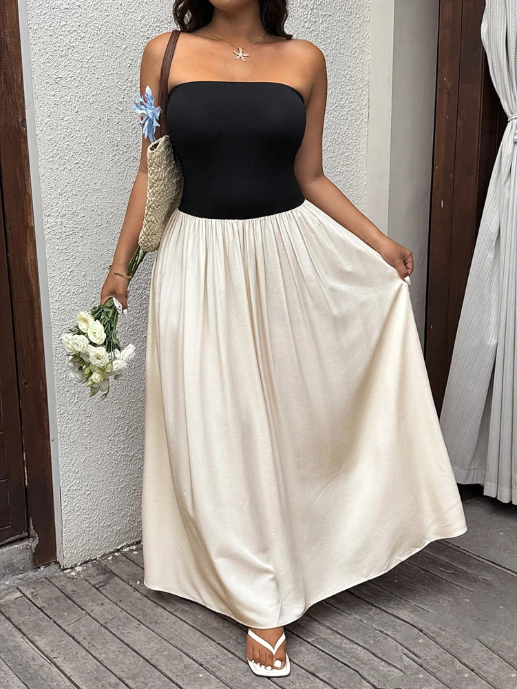 プラスサイズ 春/夏 リゾート カジュアル カラーブロック ストラップレス ドレス パッチワーク カラーブロック フィットトップ ルーズヘム付き