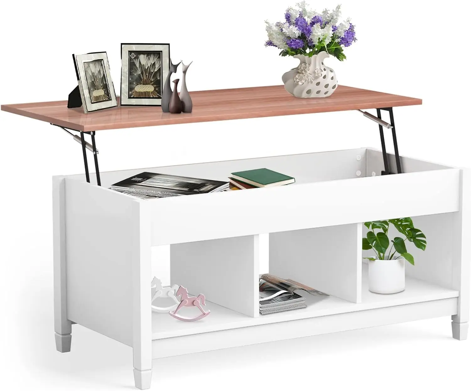 

Lift Top Coffee Table with Hidden Storage & 3 Shelves, Rectangular Tea Table with Solid Wood Legs (White)
