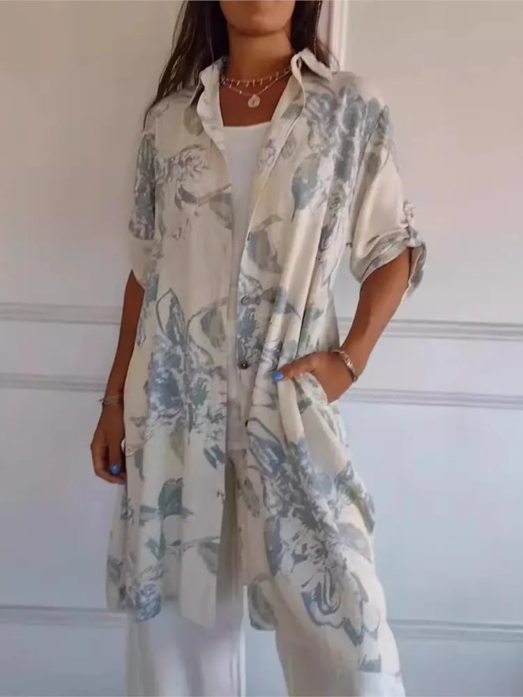 ชุดเดรสพิมพ์ลายดอกไม้ลําลองสําหรับผู้หญิงแฟชั่น V คอยาวแขนยาวชุดหลวมหญิงวันหยุดเสื้อผ้าสตรีฤดูใบไม้ผลิฤดูร้อน