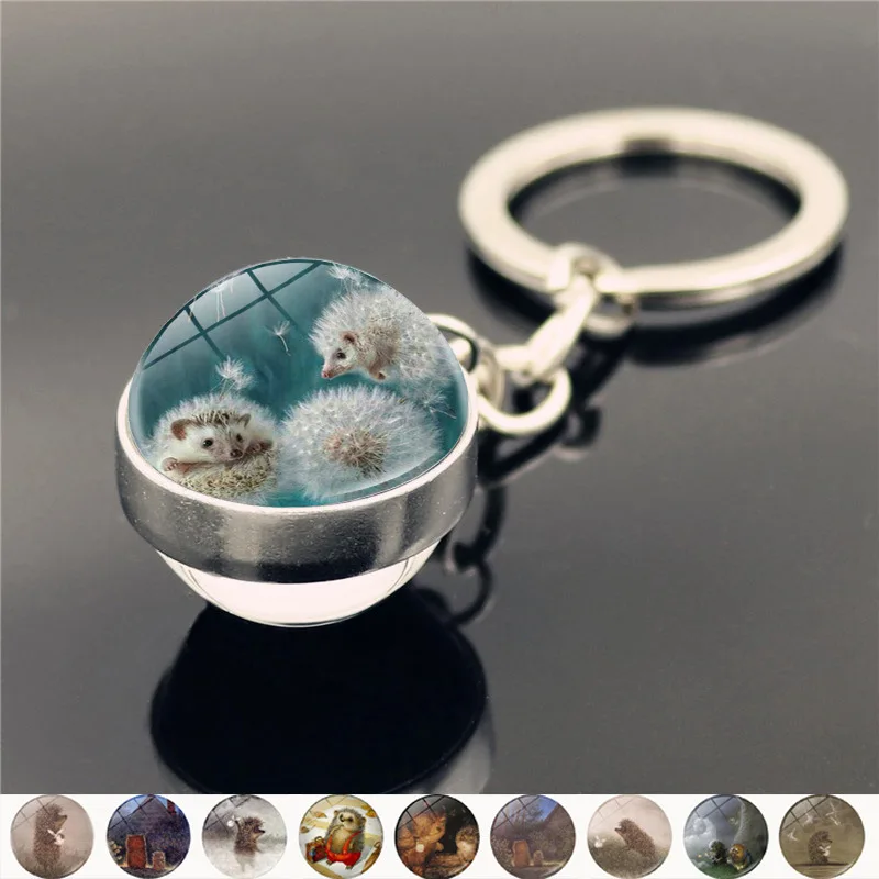 Fashion Hedgehog Pendant Time Gem Double-Sided Glass Ball Metal Keychain Pendant Birthday Gift Key Chains For Women Key Chains