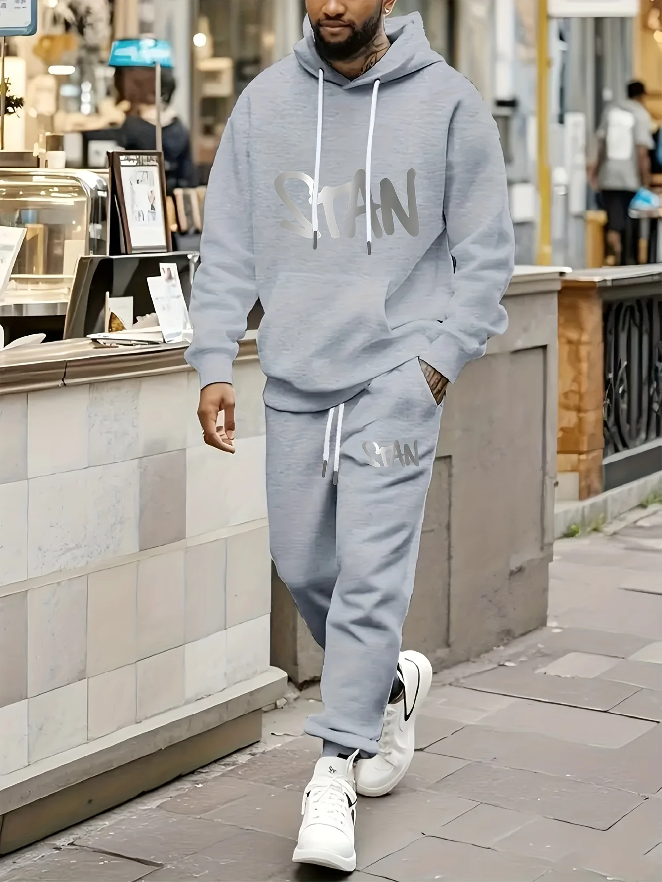 Men's two-piece hooded sports suit with fashionable STAN letter print pattern, suitable for thick winter and autumn sports suits