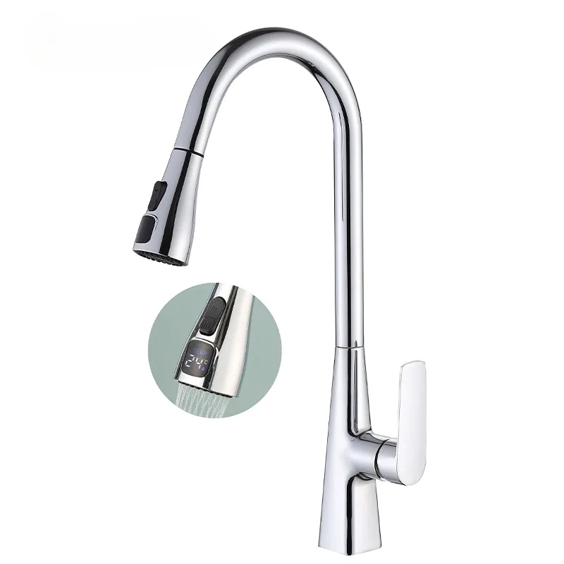 Digital Display Modern Single Handle Deck Mount Kitchen Sink Faucet Zinc Alloy Double Control Pull Out Faucet