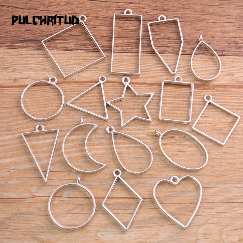 PULCHRITUDE 16pcs/lot 3 Color 2020 Geometric Figure Charm Hollow Glue Blank Pendant Tray Bezel Charms DIY Handmade Bezel Mold