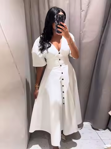 Fashion Solid Short Sleeve Dress For Women Summer Elegant V-neck Single Breasted Midi Dress Female Party Holiday Evening Robes
