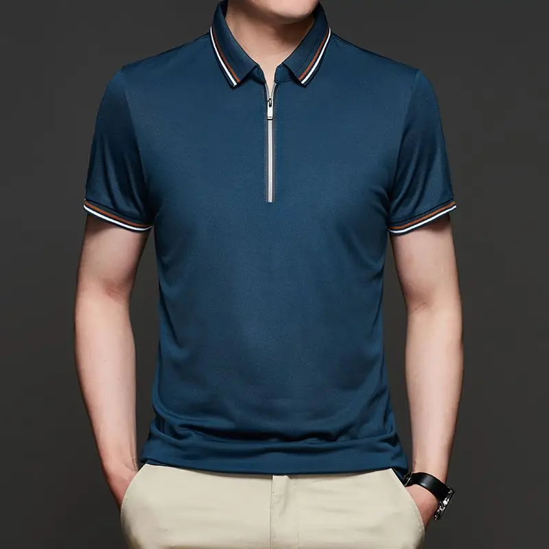 Summer New High Quality Fashion Simple Men's Short Sleeve Polo Shirt Panelled Lapel Zipper Trend Casual Versatile Loose Top 2024