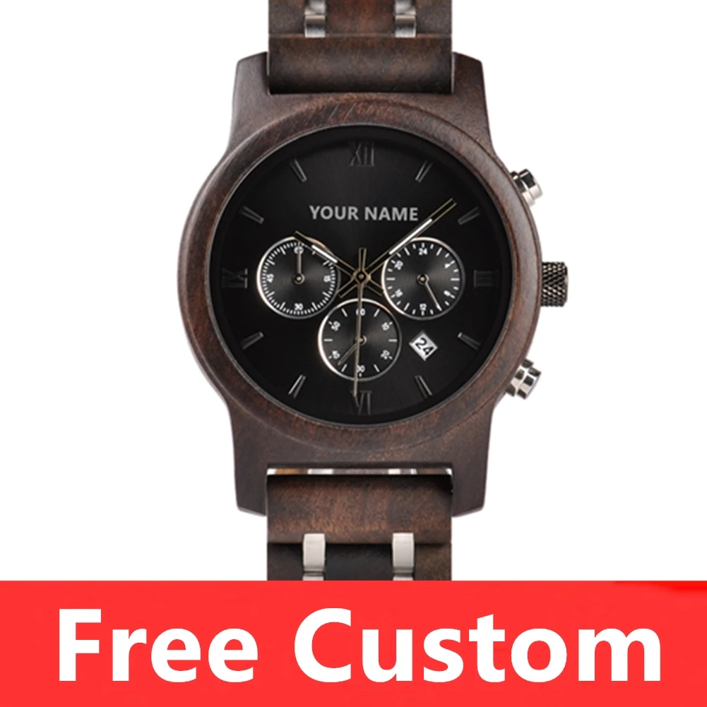 

Custom Watches BOBO BIRD Men Engraved Watch Wooden Metal Chronograph Calendar Wristwatch Gift Box Dropshipping relogio masculino