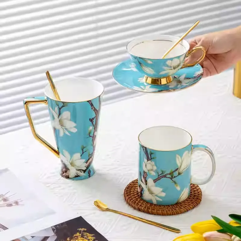 Elegant Sky‑Blue Magnolia Print Ceramic Cup, Gold‑Edged Porcelain Coffee Mug for Tea Time & Table Display