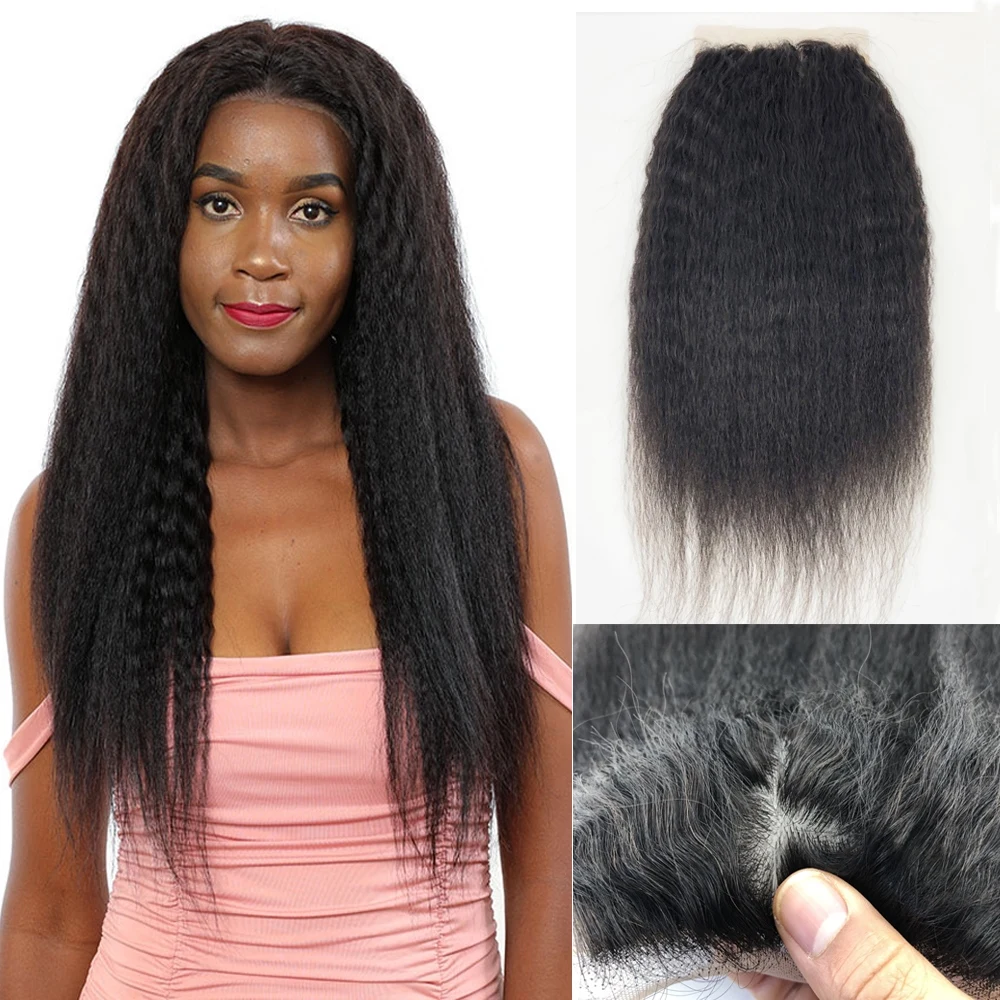 

5x5 Kinky Straight Human Hair Closure Silk Base Yaki PU Silk Top Lace Closure Mongolian Remy Hair Extension Natural Black