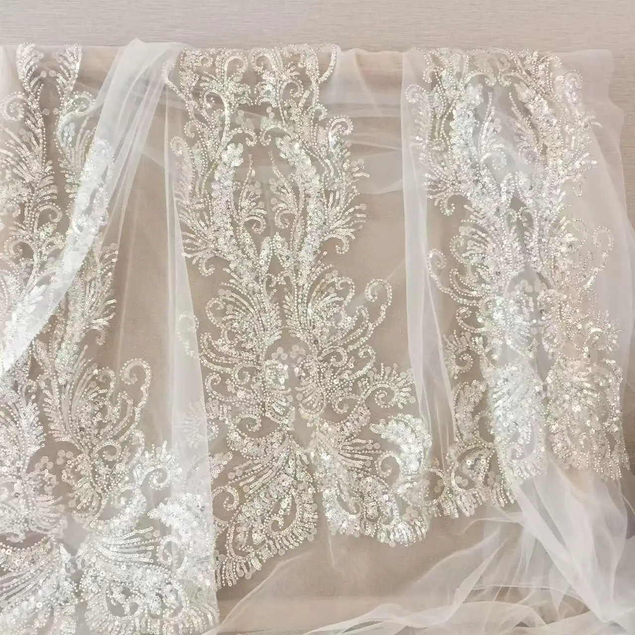 

Fashion beading lace applique flower dress lace fabric 130cm width bridal lace fabric silver beading dress lace