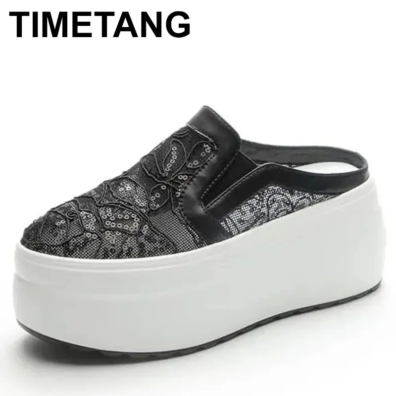 

2025 Summer Thick-soled Inner Heightening Half-drag Canvas Shoes Muffin Pedal Lazy Shoes Women Casual Breathable Slippers