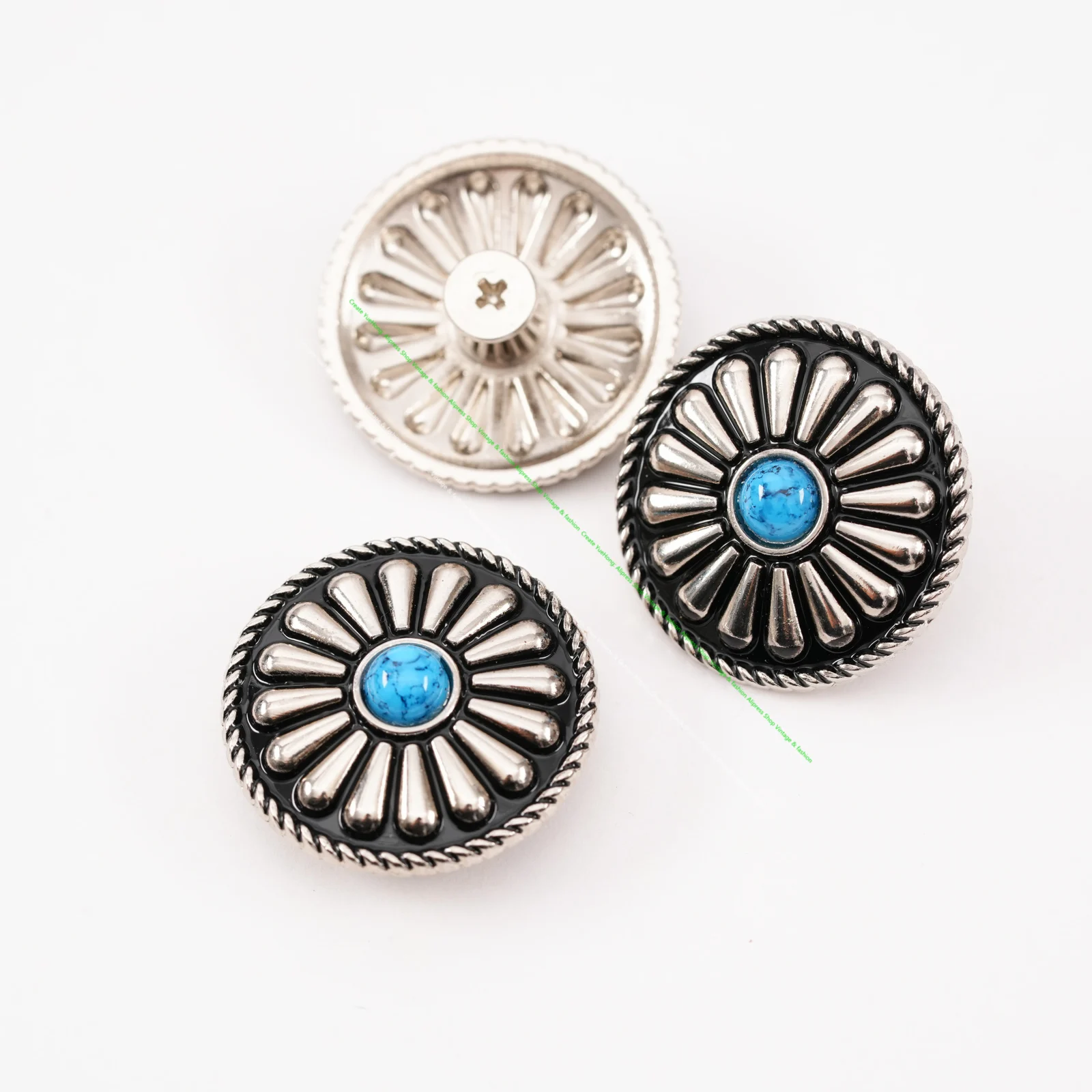 10pc Tribal BlueTurquoise Black Silver Bohemian Flower Leathercraft Saddle Conchos