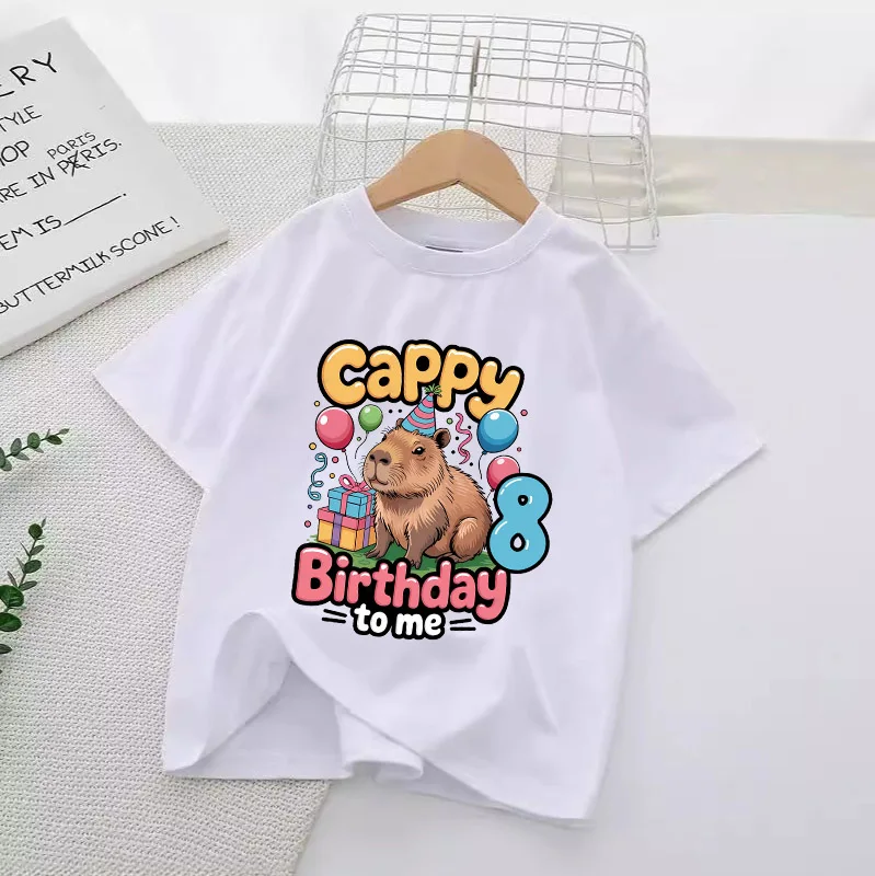 Capybara Numbers Round Neck Clothes Children Birthday T-Shirts Cartoon Tops Summer Girl T Shirt Animal White Shirts Kid Clothing