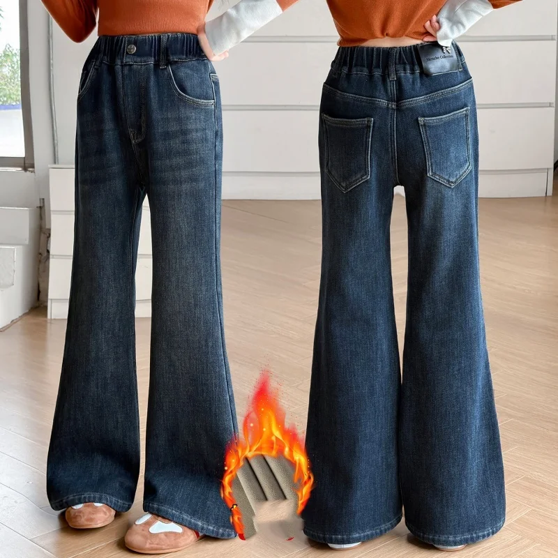 Girls Fleece Lined Bootcut Jeans Stretch Washed Denim Elastic Waist Winter Warm 5-Pocket Pants 6-16Y