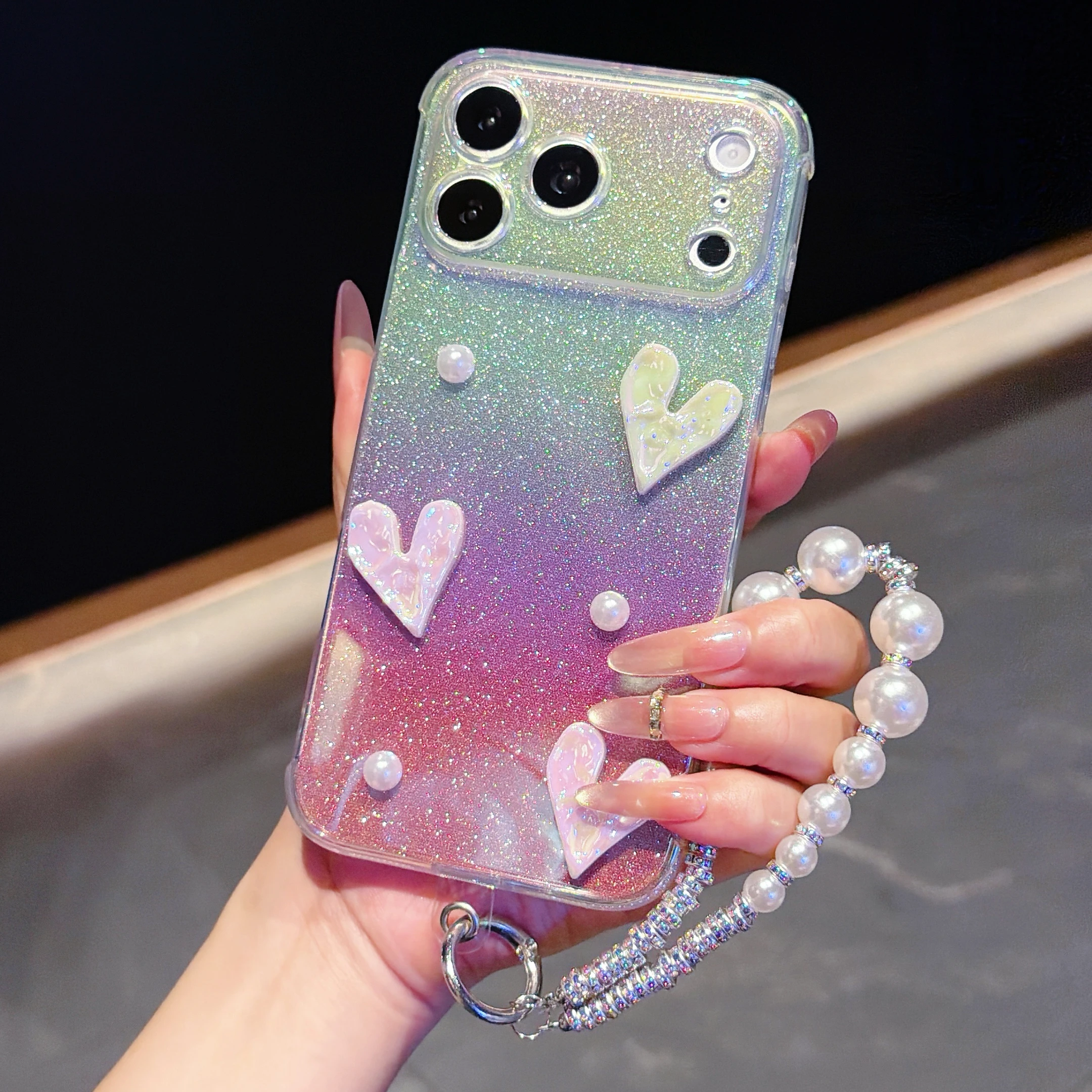 

Laser Heart Pearl Gradient Phone Case for iPhone 17 Pro Max 16 15 14 13 12 11 Strap Shockproof Camera Protection Cover