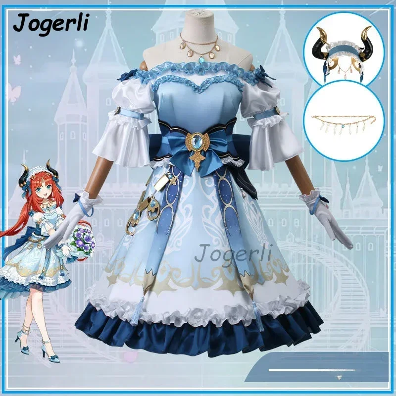 Genshin Impact Nilou vestido diario para mujer, Cosplay azul, conjunto de bailarina, JK, traje de peluca Lolita