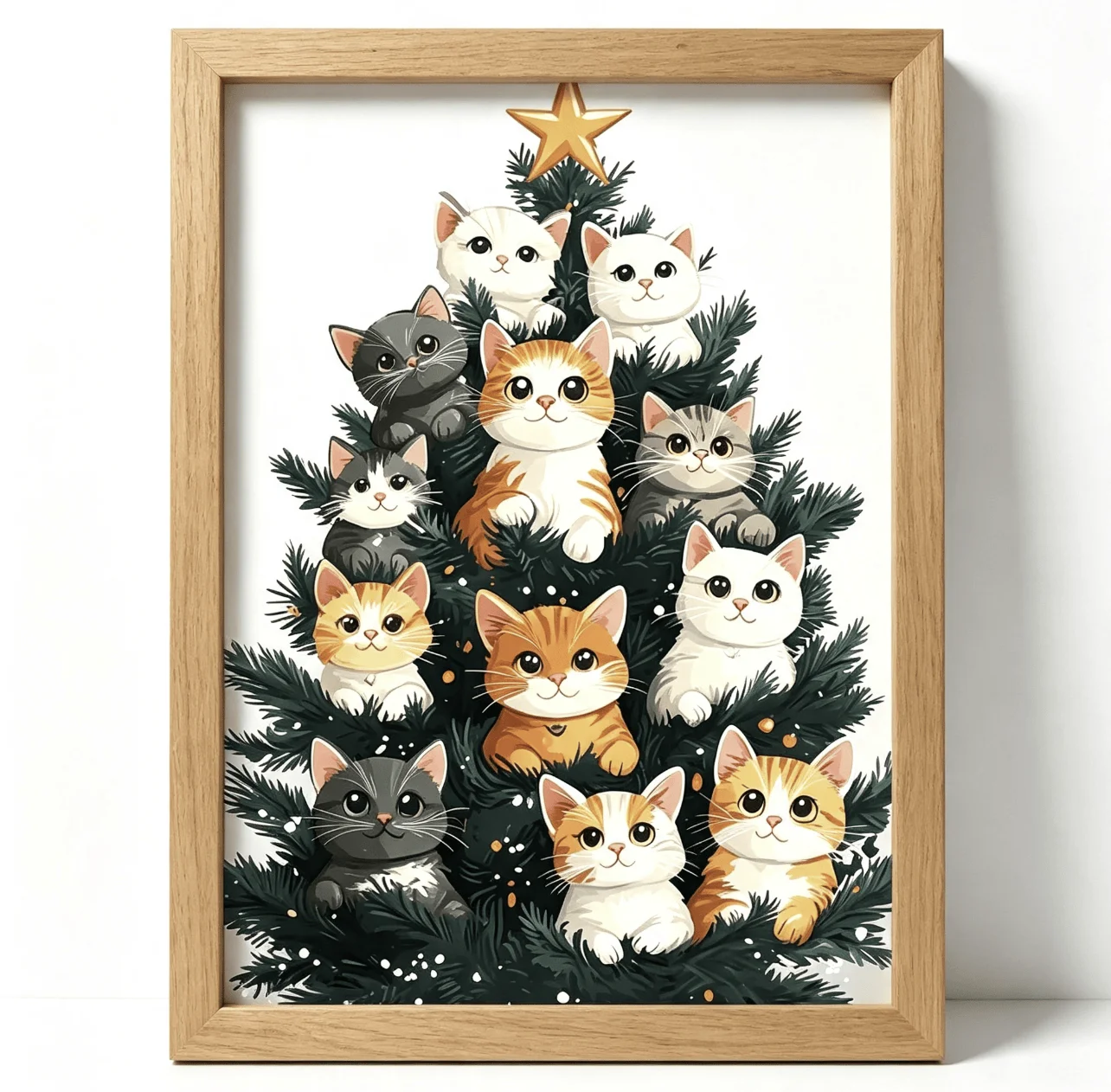 Cute Kittens Christmas Tree Wall Art Canvas Prints Posters, Cartoon Cat Christmas Illustration, Holiday Living Room Home Decor
