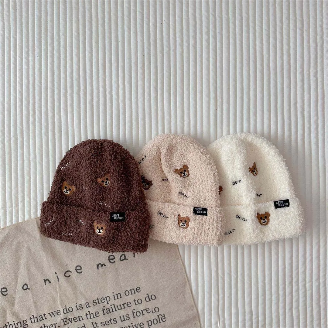 Embroidered Bear Baby Hat 2023 Autumn Winter Plush Kids Beanie Warm Hat Korean Baby Ear Protection Caps