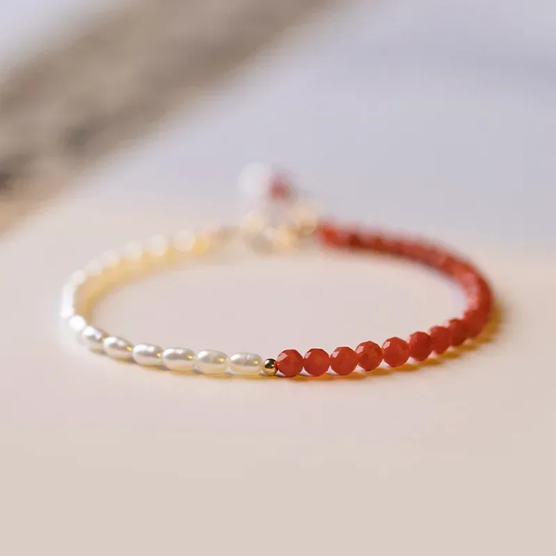 

Minar Vintage Rice Freshwater Pearl Red Color Agate Natural Stone Strand Bracelets for Women 14K Real Gold Copper Accessories