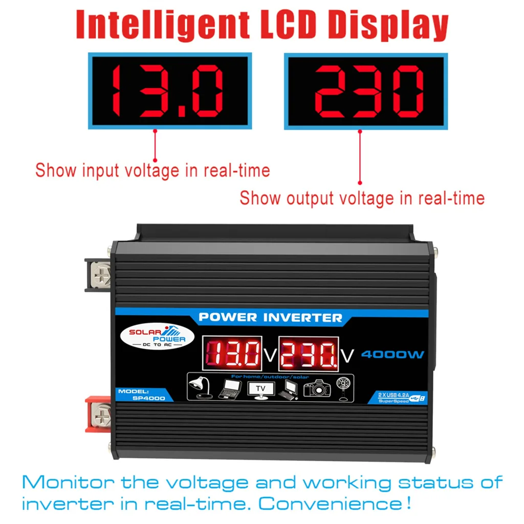 Convertisseur d'alimentation à double écran LCD DC/AC avec écran LED, port USB, ventilateur à contrôle de température intelligent pour voiture, usage solaire et domestique