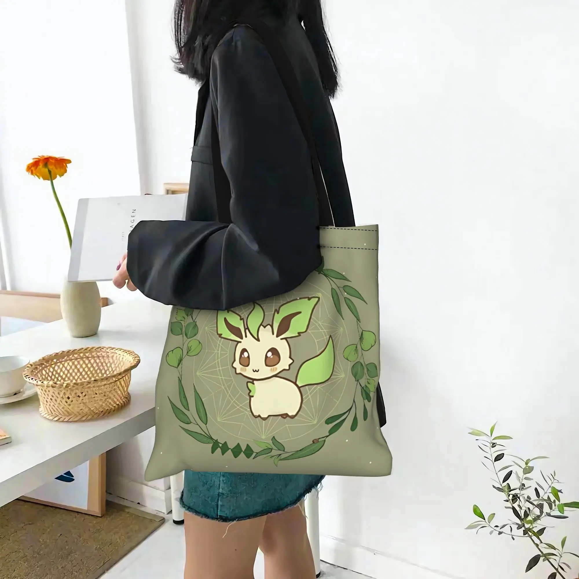 Customized Pokemon Eevee Eeveelution Women's Bag Shopping Bag Reusable Double Sided Canvas Tote Bag Shoulder Leafeon Handbag