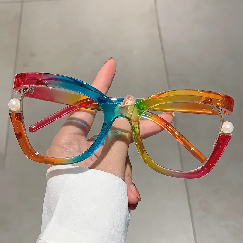 KAMMPT Übergroße Cat-Eye-Damenbrille mit Perlen, stilvolle blaues Licht blockierende Brille, trendige mehrfarbige Computerbrille