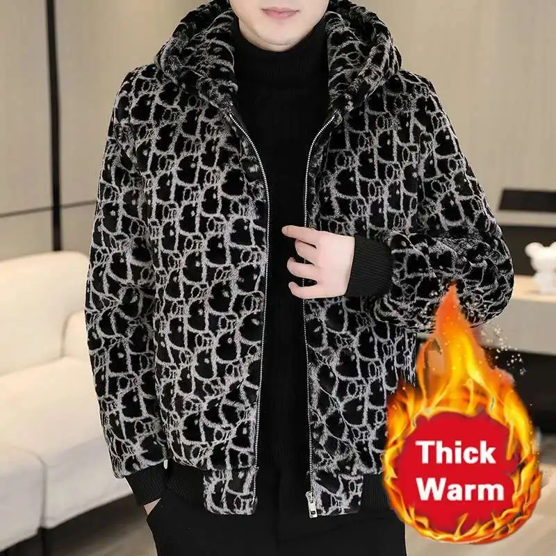

Full Letter Contrast Color Men's Coat 2024 Herren Winter Jacke Men Faux Leather Jacket Imitation Fur Trend Veste Fourrure Homme