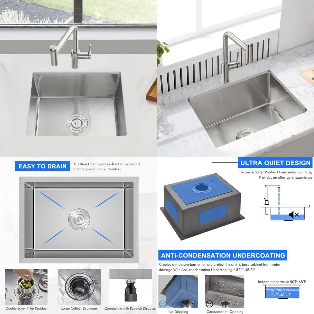 

23-дюймовая кухонная мойка под столешницу, 18-дюймовая мойка из нержавеющей стали ручной работы для установки над столешницей, с одной чашей, глубина чаши 9 дюймов, для бара/подготовки продуктов