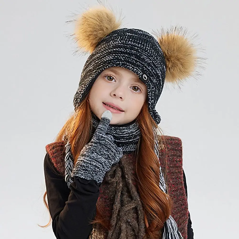 

Fashion Warm Winter Hat Scarf Gloves Set Windproof Pompom Knitted Hats Thicken Soft Beanies Hat Outdoor