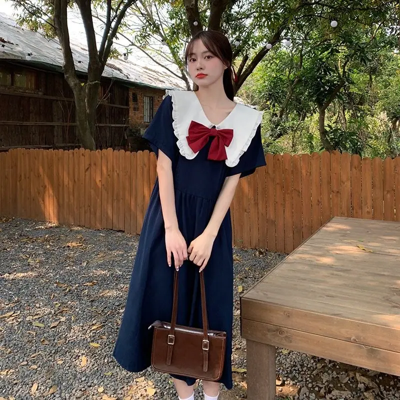 

2024 Summer New Butterfly Knot Tea Break Skirt Women's College Style Navy Collar Dress